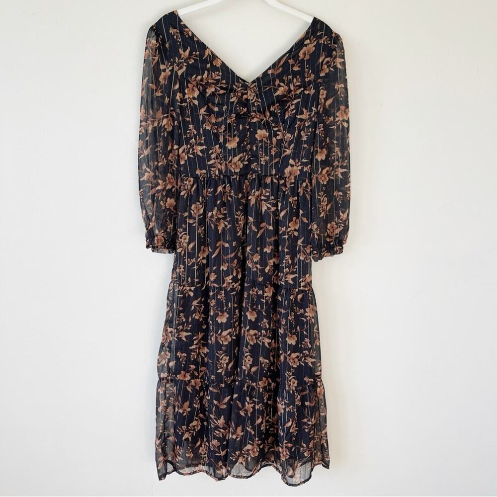 Sincerely Jules Brown Floral Print Tiered Midi Dress Size Small Euc